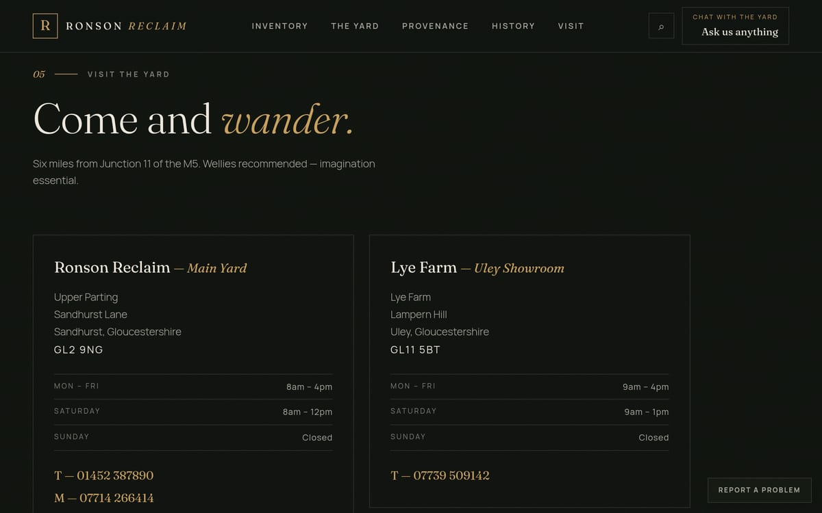 The improved site’s Visit the yard section: both sites as cards with hours and numbers