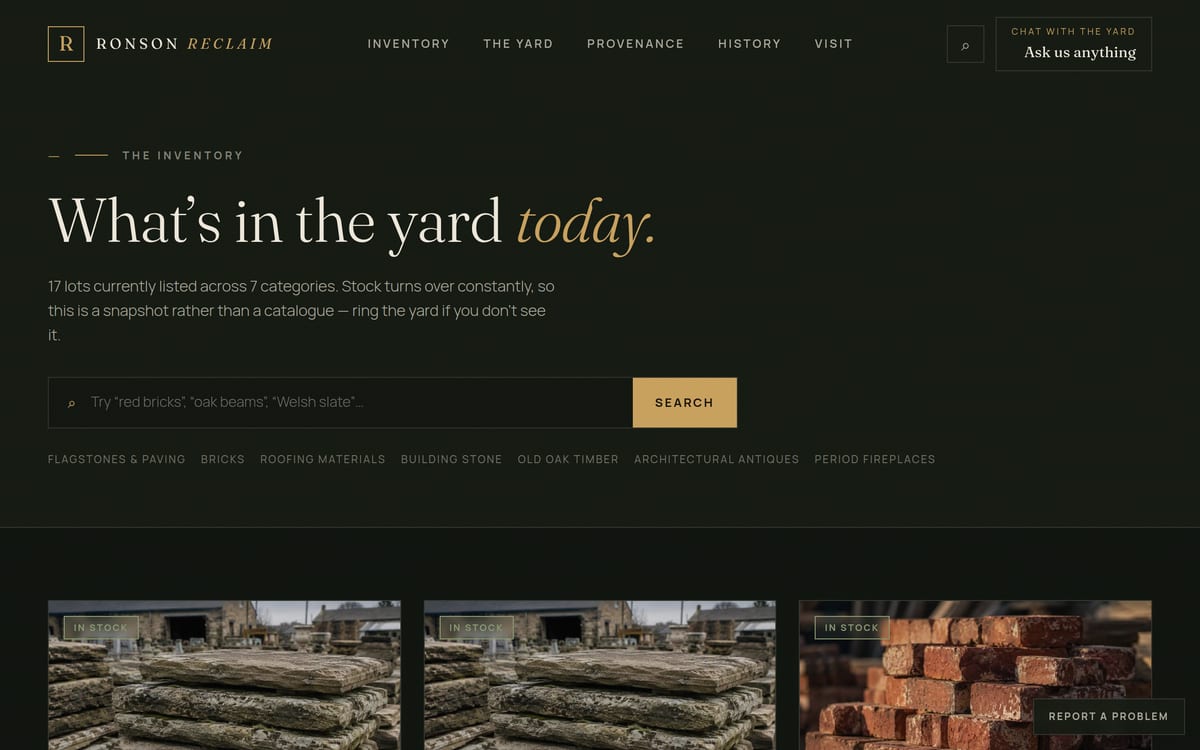The improved inventory: a live lot count, a search field, categories and stock cards