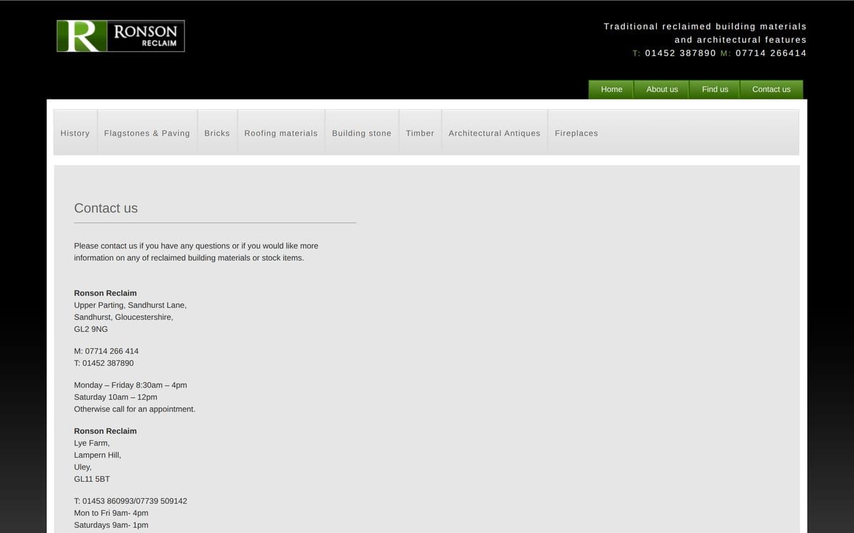 The original contact page: two addresses and opening hours as plain text