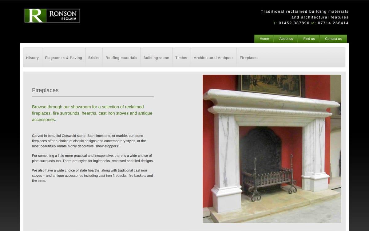 The original Fireplaces page, prose and one photograph in place of an item record